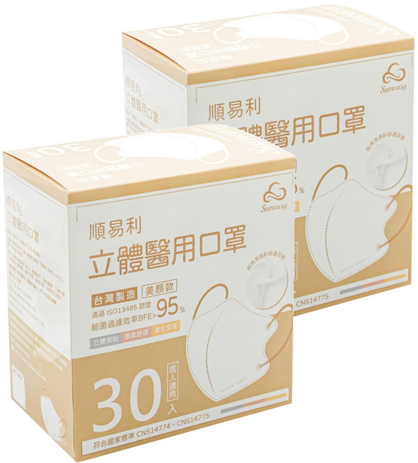 順易利 成人立體醫用口罩 美顏款 M, 密桃紅, 30片, 2盒
