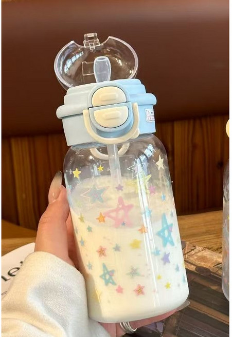 兒童吸管水壺 彈蓋手提環水杯 透明星空圖案 500ml, 1個, 藍色500ML雙飲, 藍色
