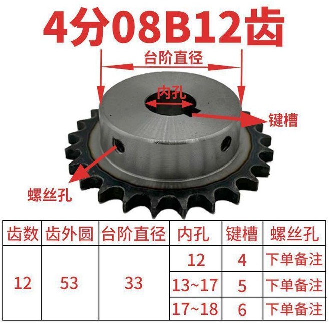鏈輪 45鋼 37齒 鏈條齒輪機械配件, 1個, 45鋼4分12齒成品孔 12-18