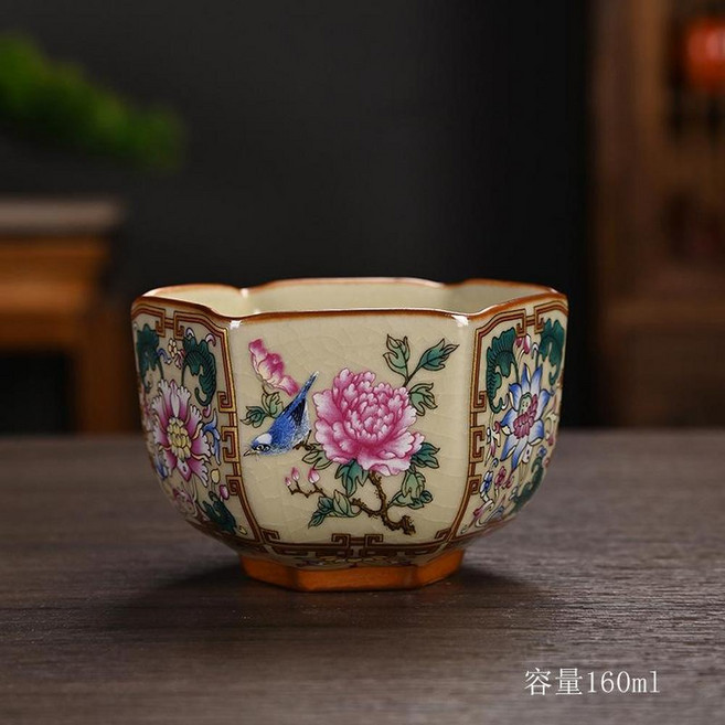 汝窯琺瑯彩開片主人杯茶杯 陶瓷禮品, 百花六方杯160ml 80 - 170ml, 1個