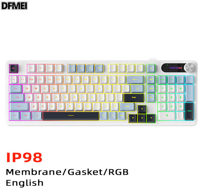 DFMEI FURYCUBE IP98機械手感防水鍵盤電腦遊戲電競高顏值有線靜音鍵盤 98鍵/白+藍+藏青【三模有線+無線2.4g+藍牙】, 人體工學, 如圖, 98鍵/白+藍+藏青【三模有線+無線2.4g+藍牙】RGB-