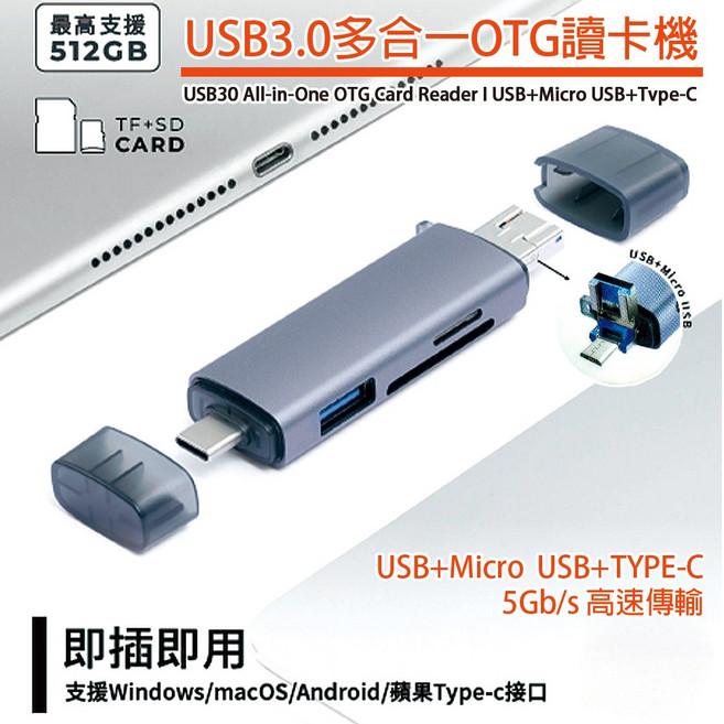 USB3.0 多合一 OTG 讀卡機 支援512GB Type-C/Micro USB/USB, 1個