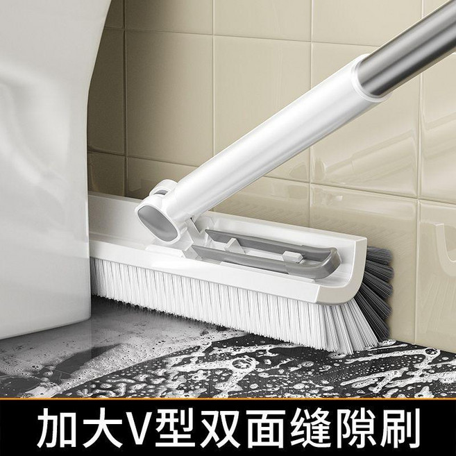 超值 地板刷廁所刷子清潔刷地縫刷長柄衛生間刷地刷子硬毛浴室 副廠商品, 1個, 加大V型縫隙刷 自帶髒污夾 ,不鏽長杆 124cm /加大V型刷頭