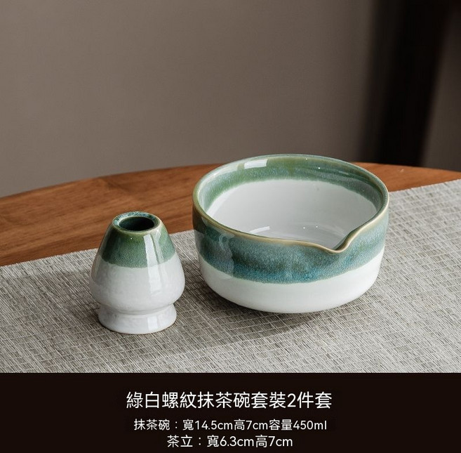 藍白螺紋抹茶碗 日本, 綠白-直身螺紋抹茶碗2件套, 通用, 1套