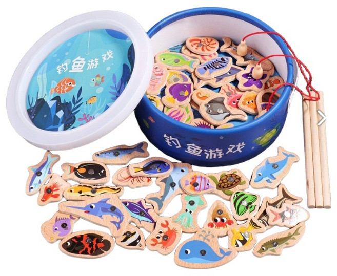 木制桶裝海洋釣魚玩具 兒童早教益智認知 趣味磁性小魚親子遊戲禮物, 1個, 82條魚,2根魚竿,桶裝, 海洋主題