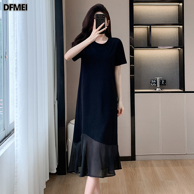 DFMEI 實拍拼接連衣裙朦朧感雲紗中長款T恤裙女夏