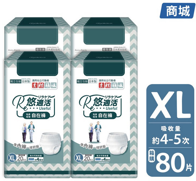 悠適活 長效瞬吸 M 尺寸自在褲 80片, 大型, 1箱