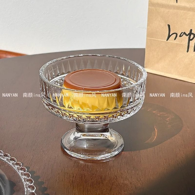 高腳玻璃甜品杯 豎紋優酪乳碗 布丁杯 奶昔杯, 1個, 布丁杯-鑽石紋