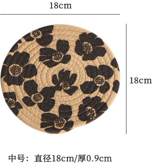 圓形編織餐墊 隔熱墊 杯墊 復古印花 北歐風, 1個, 18cm, 米色 墨染