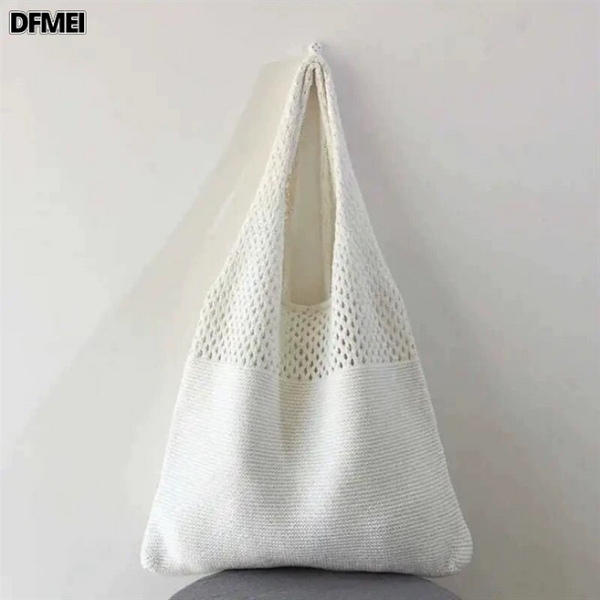 DFMEI 草編包海灘黑條紋新款休閒夏天單肩包時尚托特百搭包女士揹包, 正反針洞洞-奶白