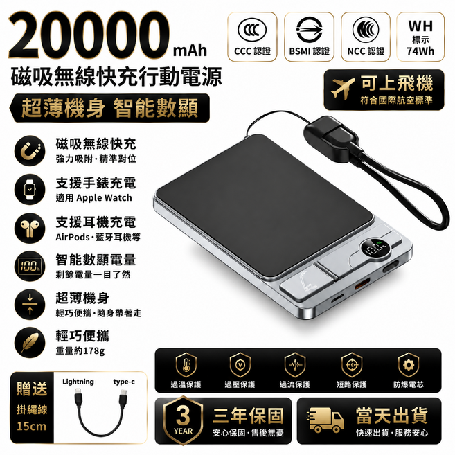 【固態防爆電芯 3C+WH標示】20000mAh MagSafe 行動電源 超薄 無線磁吸 移動電源 外接式電池 行動充 隱藏支架 移動電源, 玫瑰金【優先消耗+雙彈窗】耳機手錶三合一,20000毫安【3C標識+Wh標識】, f15
