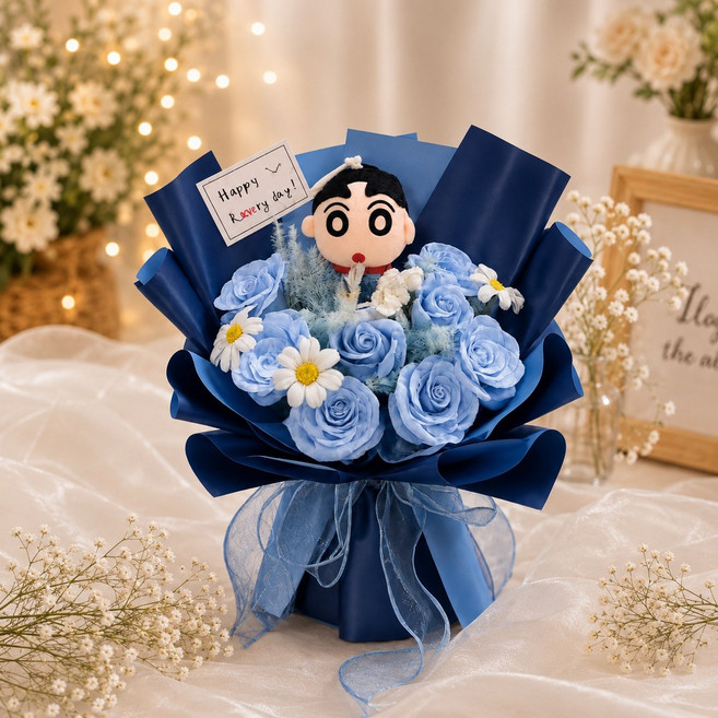 玩偶花束 聖誕節生日情人節禮物, 高質感蠟筆小新+禮物袋, 1件