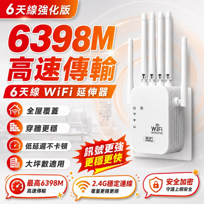 6398M 6天線 WiFi 延伸器 高速傳輸 訊號更強更穩定, 1個, 6天線-4298M-至尊穿牆王-適合兩房