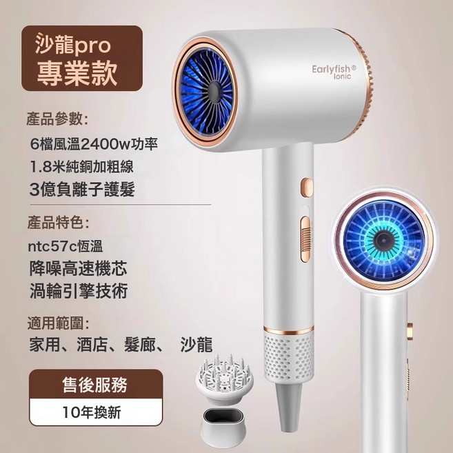 吹風機家用負離子護發恒溫大功率速幹大風力宿舍學生電吹風筒, 無規格, 【專業版白】2400w-2億負離子+2個風嘴