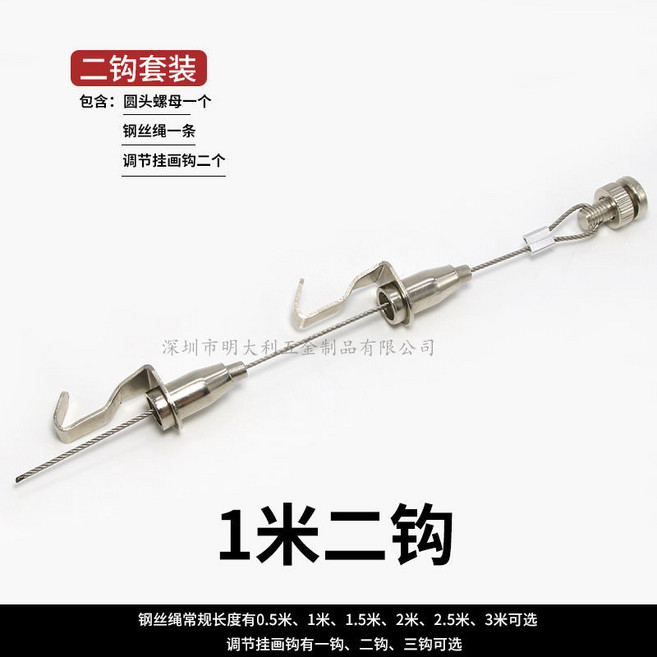 隱藏式軌道掛畫器 不銹鋼絲繩鋼索 畫展畫廊掛鏡線 吊索軌道960112, 1米2鉤套裝 圓頭螺母+標準鉤, 1個