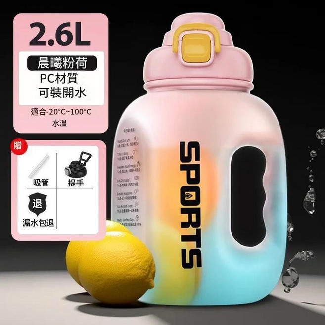 1.6L PC材質運動水壺 便攜吸管太空杯 -20°C~100°C, 漸變粉2.6L, 1個