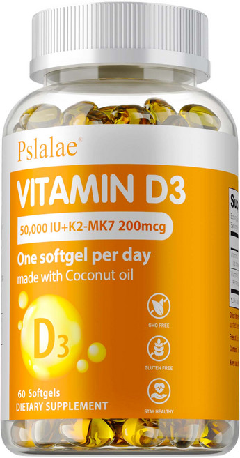 Pslalae 維生素D3 50 000 IU + K2-MK7 200mcg 每日一顆軟膠囊 添加椰子油, 60組