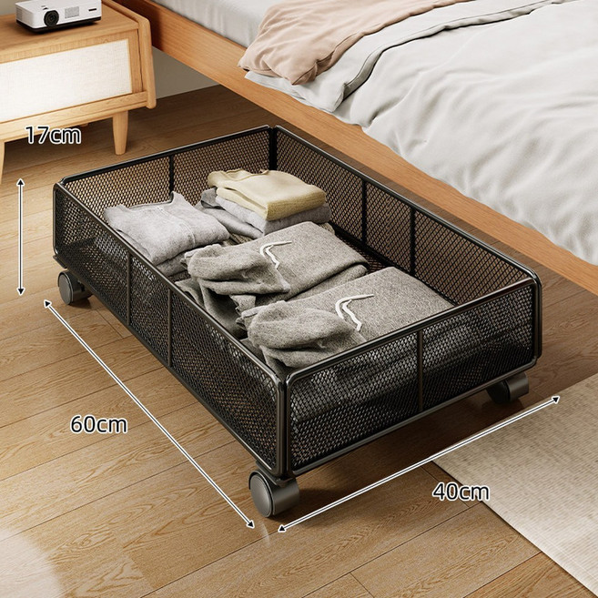 床底收納箱 家用整理箱 附輪 可移動 70x40x17cm, 黑色中號 實心碳鋼 穩固可靠, 1個