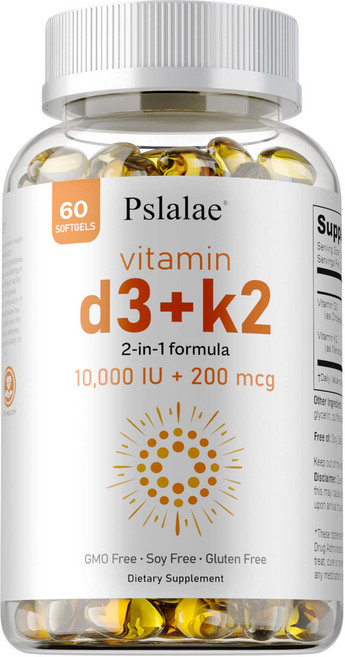 Pslalae 維他命 D3+K2 10000 IU + 200 mcg 2合1配方 膳食補充劑, 60組