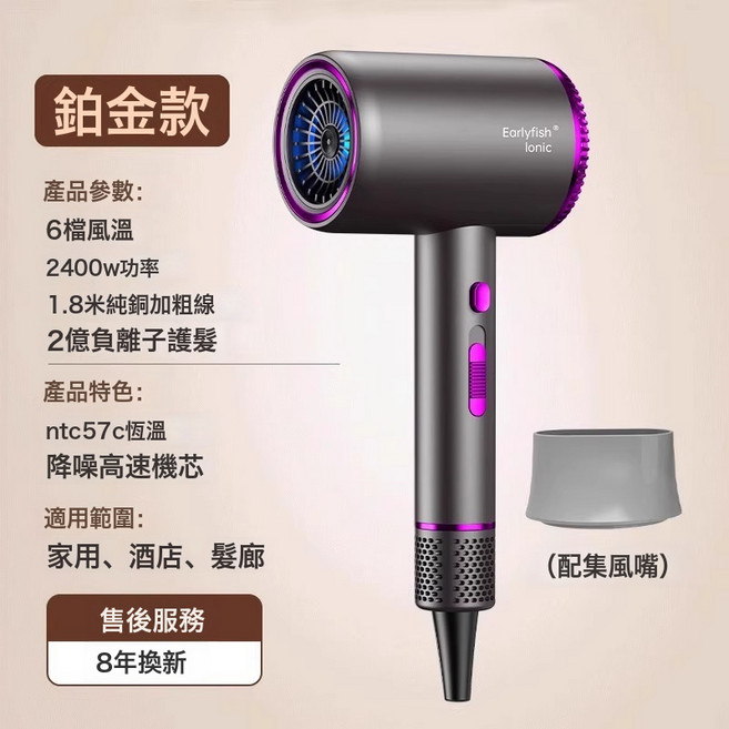 吹風機家用負離子護發恒溫大功率速幹大風力宿舍學生電吹風筒, 無規格, 【鉑金款灰】2400W-1.5億負離子+集風嘴