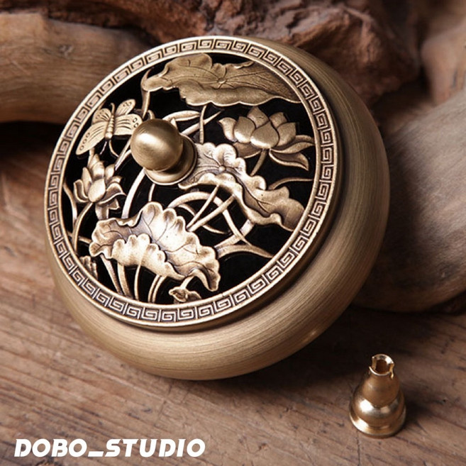 DOBO_STUDIO 黃銅香爐 禪意復古多功能盤香線香塔香座 附防火棉, 荷花