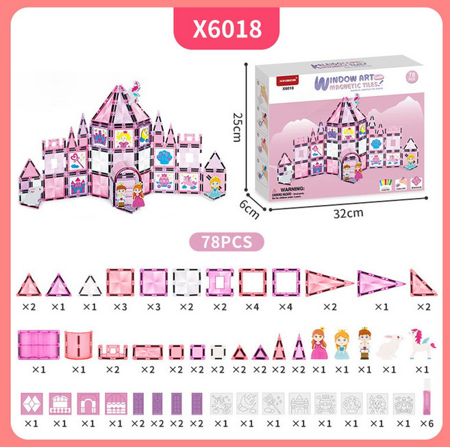 JOYKIDS 公主系列磁力片城堡積木, 6018免烤膠公主城堡系列 78PCS, 1個