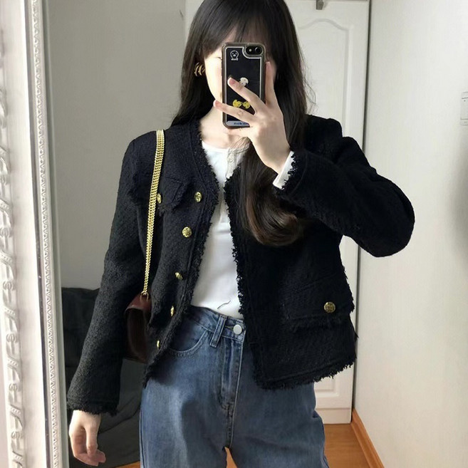 小香風外套女 黑色短款開衫上衣