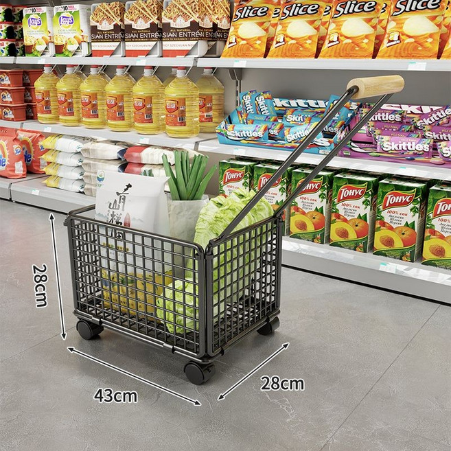店鋪熱銷 買菜小拉車超市購物籃拉桿帶輪購物筐零食便利店簡約購物鐵藝可折疊戶外野餐籃ins超市購物籃春遊日式菜籃子便攜手, 1個, 中號陞級拉桿-黑色