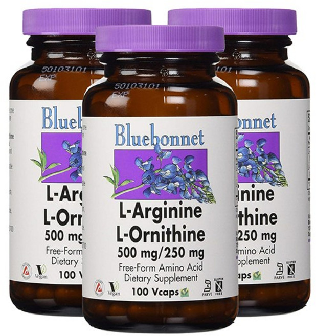 Bluebonnet 左旋精胺酸 500mg&左旋鳥胺酸 250mg植物膠囊, 100顆, 3罐