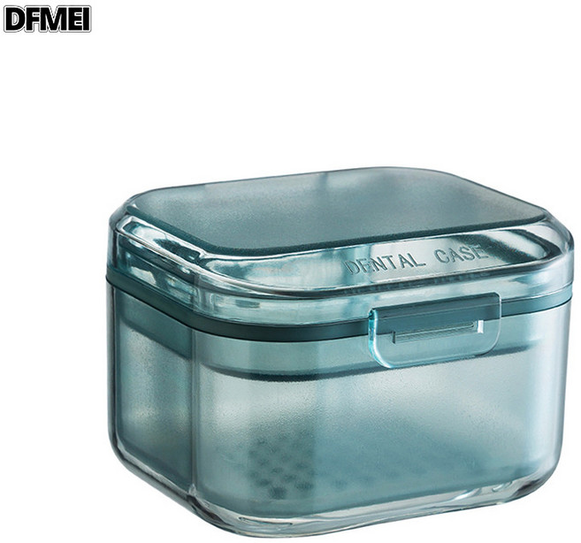 DFMEI 隱形牙套盒子正畸保持器收納盒牙齒矯正器便攜式隨身放假牙儲存盒, 1個, 透明 藍色:如圖