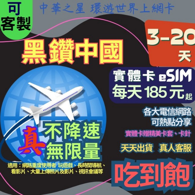 環遊世界上網卡 中國內地 實體卡 5天 不降速無限量吃到飽, 1個, A【黑鑽】實體卡,5天 不降速無限量吃到飽