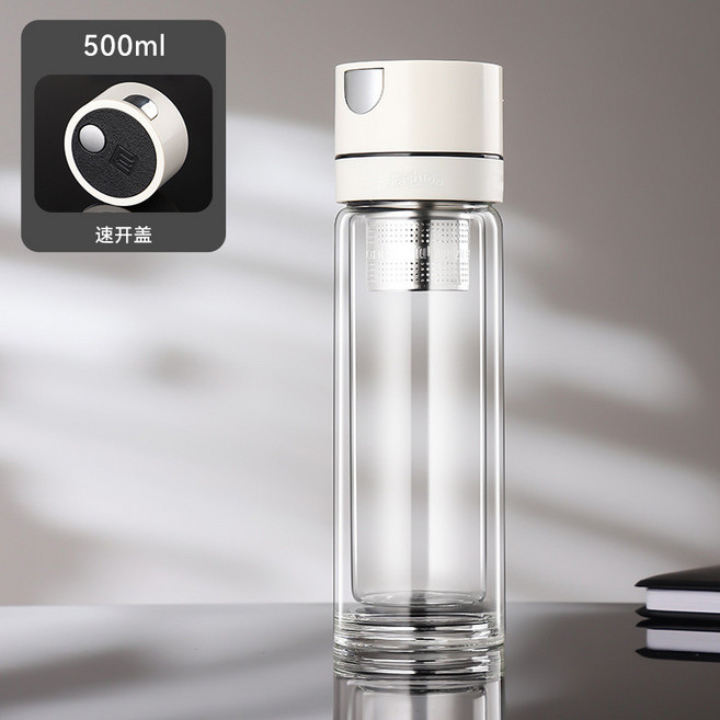 高硼硅雙層隔熱茶水分離杯 便攜一鍵速開水杯, 白色, 1個, 500ml