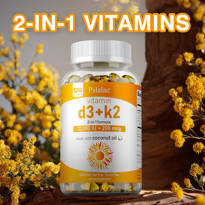 Pslalae 維他命 D3+K2 10 000 IU + 200 mcg 2合1配方GMO Free Soy Free Gluten Free, 120組