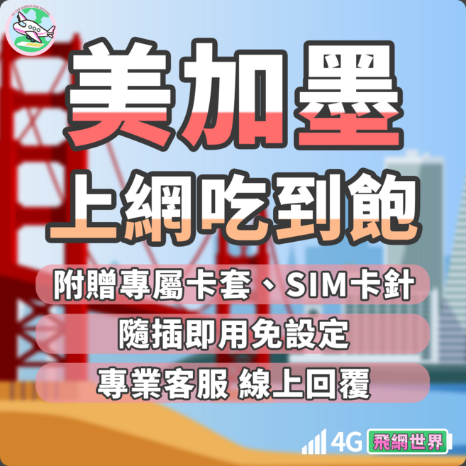 飛網世界 美加墨上網卡 4G SIM卡, 1個, 吃到飽不斷網, 12天