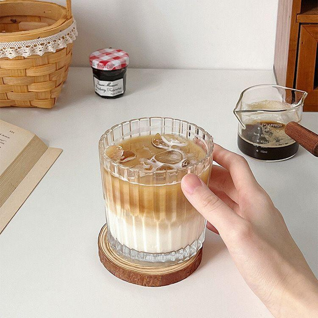 玻璃杯 復古玻璃杯 美式冰咖啡杯餐廳冰拿鐵杯冷飲冰球杯威士忌杯, 豎琴咖啡杯矮款 二隻, 1個