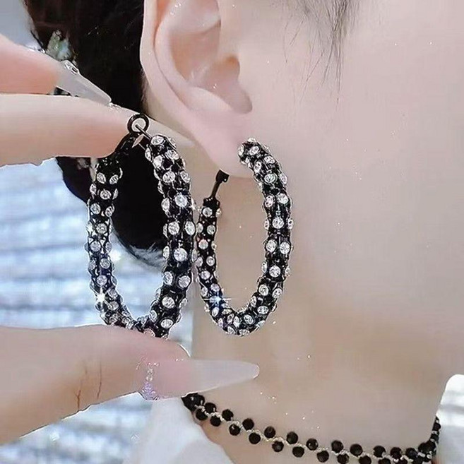 高級感黑色閃鑽圓圈耳環女時尚誇張個性大耳圈輕奢氣質顯臉瘦耳飾 副廠商品