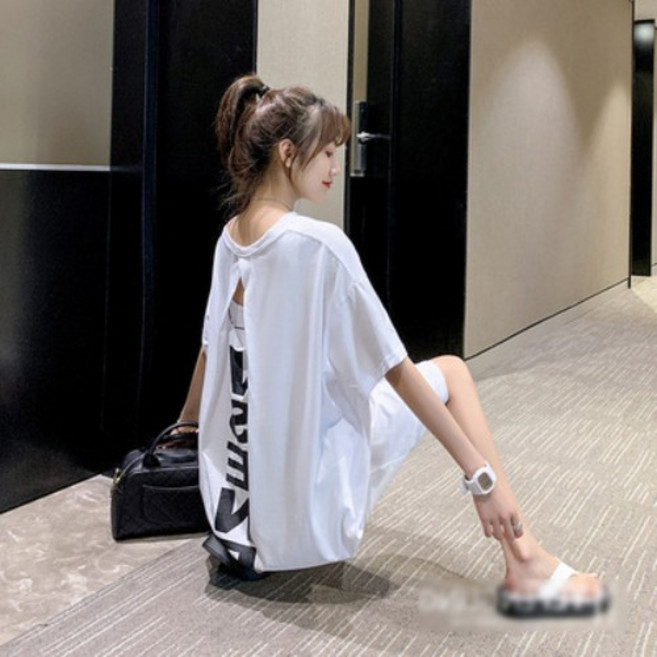 夏季韓風寬鬆露背長款T恤裙 女裝大碼短袖孕婦連衣裙, 白色, L