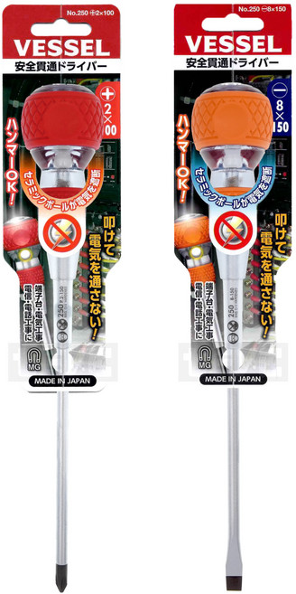 《tevc》VESSEL 陶瓷絕緣起子 日本製 活電作業 帶電作業 鐵鎚 敲擊 貫通起子 可敲擊 安全, 1個, 一字(-6x100) No.250