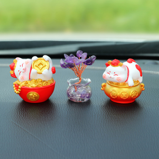 招財貓車載擺飾 創意卡通貓咪中控台裝飾, 財源滾滾 聚財納福 紫水晶樹, 1個