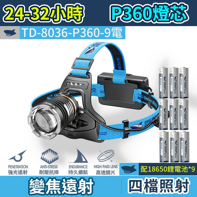 強光遠射頭燈 感應頭燈 伸縮調焦頭燈, 1個, 9電微笑鯊 TD8036-P360