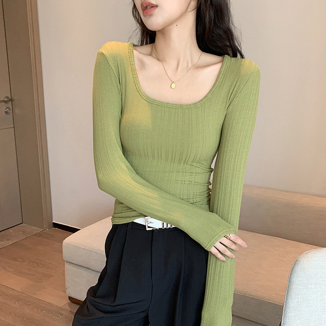 U領長袖T恤女 修身顯瘦內搭上衣 時尚潮流 百搭女裝 L