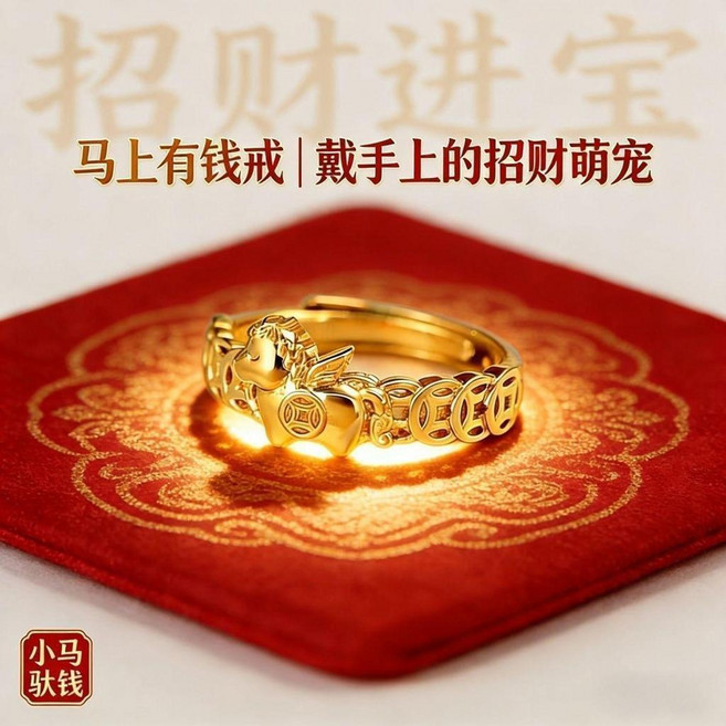 馬上有錢 招財金色銅錢馬年戒指