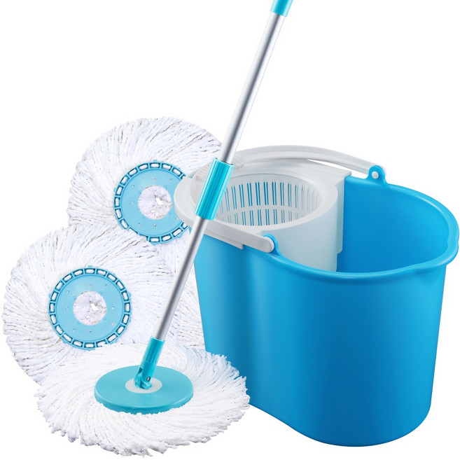 【U-mop】1桿1桶3布 旋轉拖把 手壓拖把 拖把組 乾濕兩用 免手洗 除塵吸水 地板清潔 平板拖 吸水拖把, 1個, 自動回彈【1桿1桶3布】水藍