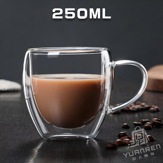 隔熱玻璃杯 耐熱高硼矽玻璃蛋形馬克杯, 1入, 250ml雙層玻璃杯【有握把無蓋子】