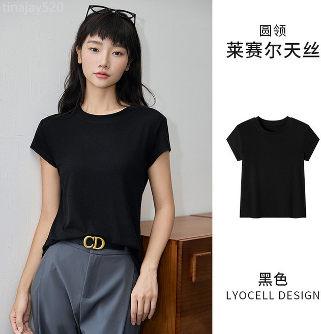 9962萊賽爾圓領短袖T恤女夏季薄款正肩修身顯瘦醋酸羊毛百搭上衣