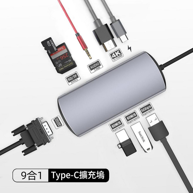 Type-C 6合1 擴充座, 9in1 小二推薦, 1個