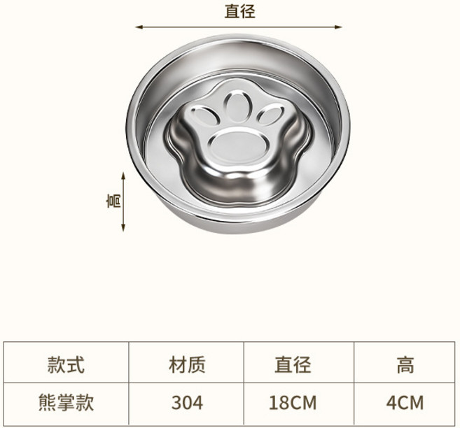 不銹鋼寵物碗貓碗狗碗防打翻防滑防噎慢食碗狗盆, 1個, 不銹鋼304熊掌18cm:如圖所示371