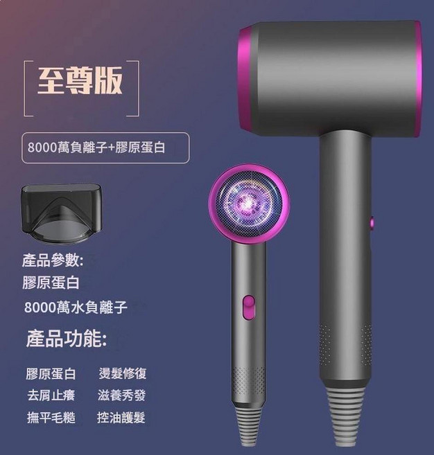 8000萬負離子 膠原蛋白護髮吹風機, 灰色 - 強風藍光無噪音, 1300w