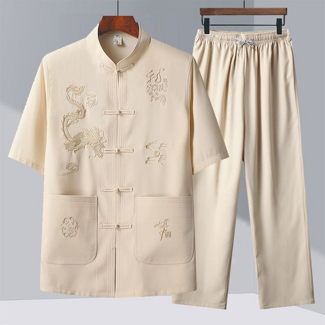 刺繡唐裝兩件式套組 夏季男性長輩太極上衣