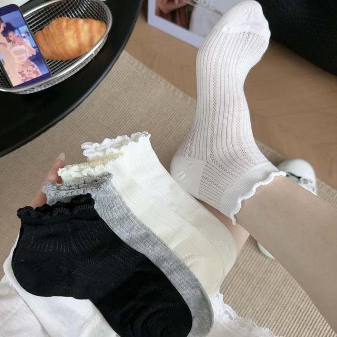 女童春夏純色木耳花邊中筒襪豎條紋鏤空網眼透氣襪